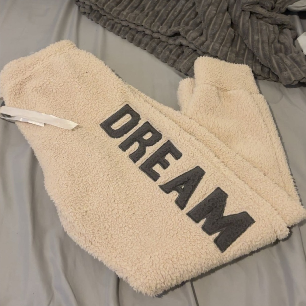 Cozy Cream Sherpa Pants with Dream Lettering